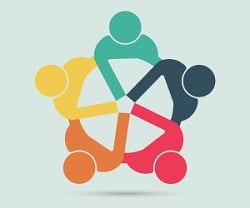 Five people joining hands in the middle of a circle icon
